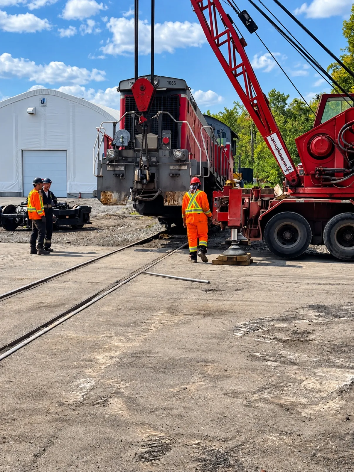 Locomotive soulevée par une grue pendant une intervention ferroviaire