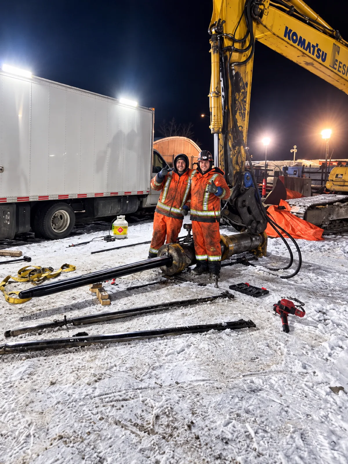 Deux mécaniciens BODO en équipement d’hiver devant le cylindre hydraulique d’une excavatrice, intervention de nuit dans la neige